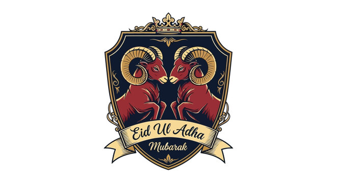 Eid Ul Adha Mubarak Decorative Emblem Featuring Two Rams Facing Each Other on a White Background