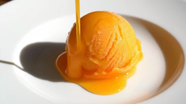 Smooth orange sauce being poured over a scoop of vibrant orange sorbet on a white plate, a delicious and refreshing summer dessert concept