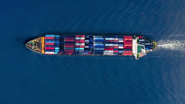 Container ship navigating calm waters with brightly colored shipping containers amidst global trade challenges