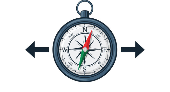 Classic navigation compass with a red and green needle is framed by arrows pointing in opposite directions on white.