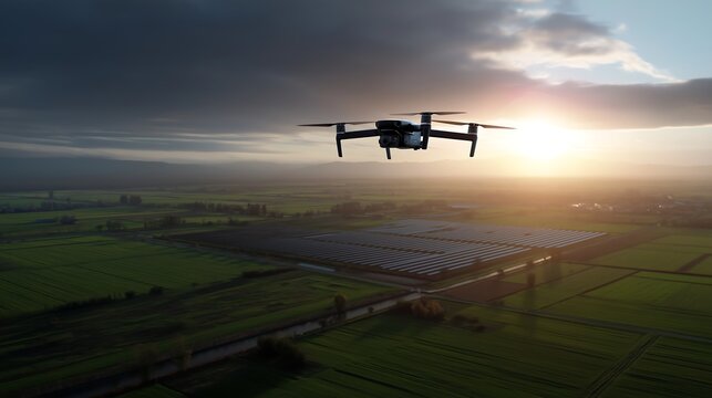Cinematic wide shot of drone flying over patchwork green fields landscape