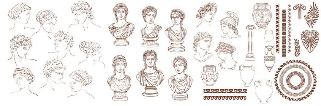 Ancient Greek vector collection with sculpture busts, Greek ornaments, meander borders and amphora vases. Engraving style illustration inspired by classical antiquity, mythology and ancient Greece art