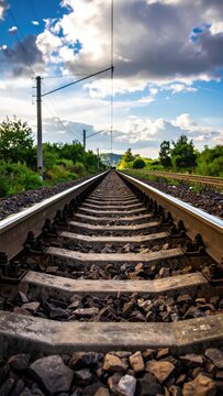 Railroad tracks stretching into the distance under a cloudy sky showcasing perspective and transport infrastructure amidst natural scenery