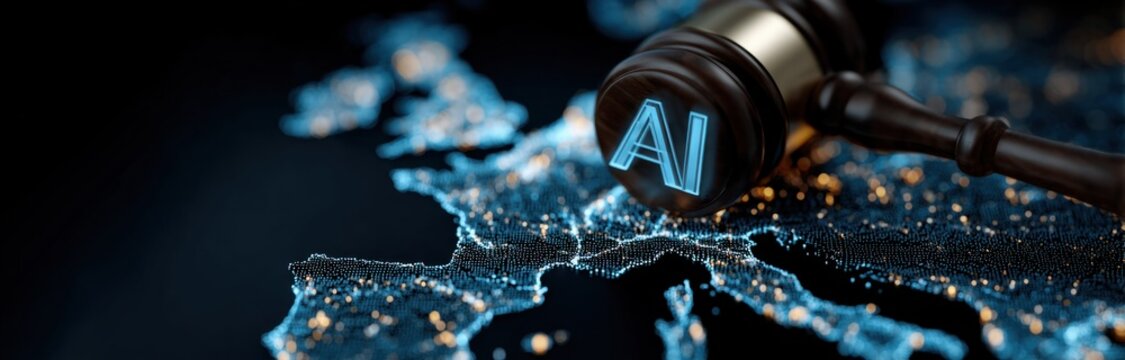 Digital map of europe featuring an abstract ai logo and gavel symbolizing legal technology and artificial intelligence applications in the european region