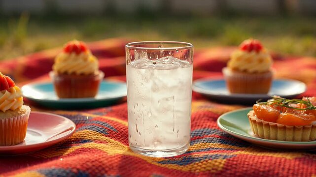 Tracking shot of glass of iced water sliding across picnic blanket with cupcakes and tarts in grass