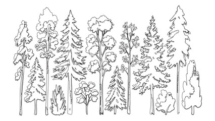 Obraz premium Set of various doodle forest trees, bushes, and plants for nature landscape design.