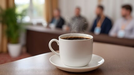 Fototapeta premium Steaming cup of dark coffee on a table with blurred background of people in a business meeting or conference hall