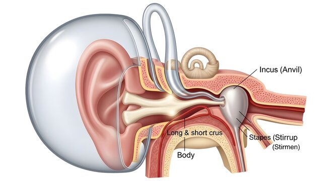 Detailed cross‑section anatomical illustration of the human middle ear showing the ossicles, including malleus, incus and stapes, demonstrating how these small bones transmit sound vibrations from the