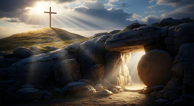 Sunrise over an empty tomb with a cross on a hill, symbolizing resurrection and hope in a serene landscape.