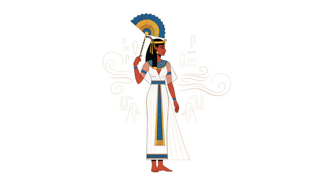Elegant ancient Egyptian queen or priestess wearing traditional white dress and gold jewelry holding a blue fan.