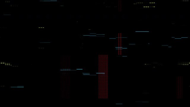 Abstract digital glitch overlay texture with scattered red vertical bands and blue horizontal artifacts on a black background.