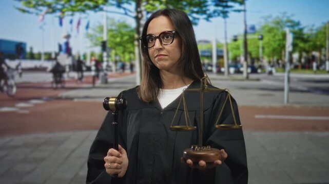 Woman judge holding gavel and scales, holds gavel in right hand and scales in left on street plaza with serious expression; justice solemnity.