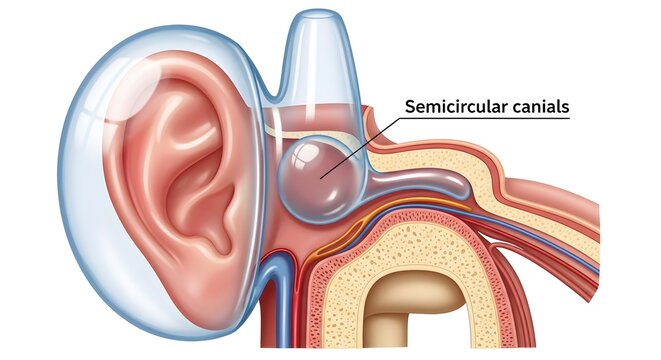 Cross‑section anatomical illustration of the ear emphasizing the semicircular canals of the inner ear, showing their orientation above the middle ear cavity and role in detecting head movements and ma