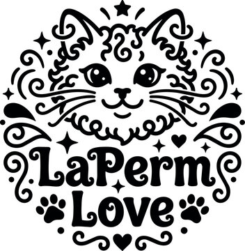 Black and white line art laperm love cat face with curls and stars