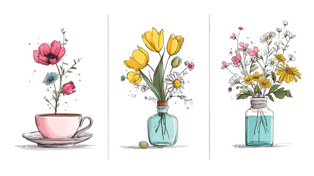 Set of cute card or cover for spring holidays with a coffee cup, perfume bottle, with vibrant spring wildflowers, Narcissus, tulips, daisies. Hand drawn Floral art templates for Mother's Day