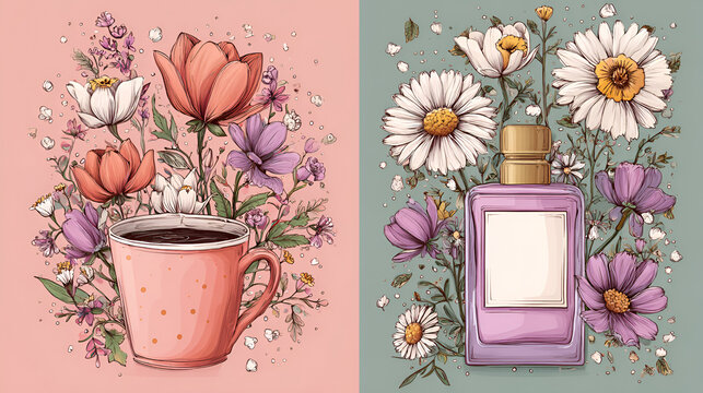 Set of cute card or cover for spring holidays with a coffee cup, perfume bottle, with vibrant spring wildflowers, Narcissus, tulips, daisies. Hand drawn Floral art templates for Mother's Day