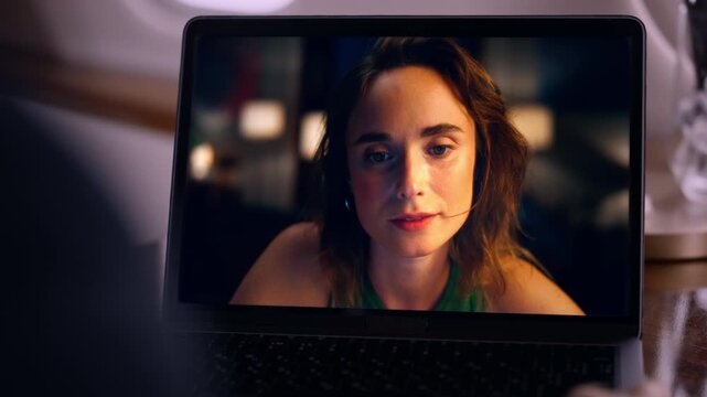 Worried woman talking web chat laptop closeup. Shoulder view man video calling