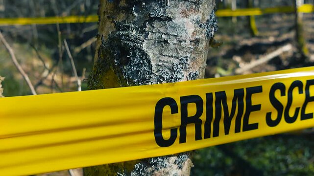 Yellow police tape with the words crime scene printed in black is cordoning off a wooded area as part of an active investigation into a murder or other serious felony in the forest