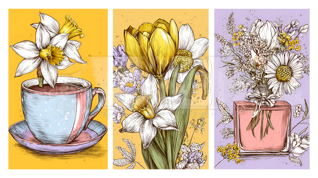 Set of cute card or cover for spring holidays with a coffee cup, perfume bottle, with vibrant spring wildflowers, Narcissus, tulips, daisies. Hand drawn Floral art templates for Mother's Day