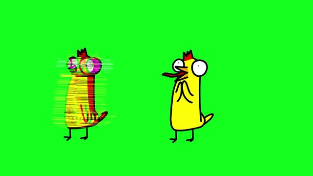 Funny animated cartoon characters on a green screen background with glitch effects and a cute chick character