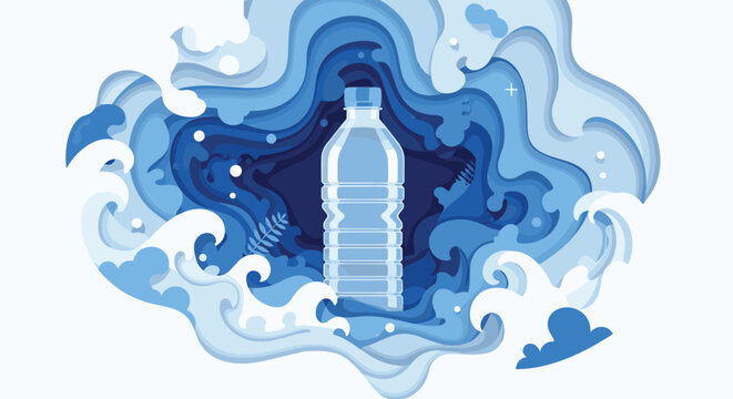 Transparent plastic water bottle is centered within a multi layered blue paper cut style wave background design.