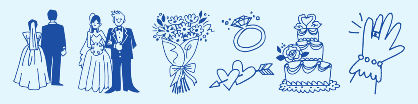 Elegant wedding icons in blue vector element set