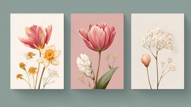 Spring set of the cutest cards, posters for the spring holiday with wildflowers, Narcissus flower, tulips, daisies. Hand drawn Floral art templates for Womens Day, birthday, Mothers Day