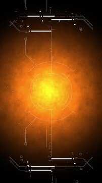 Sci-fi HUD interface with data and targeting system over a glowing orange energy core or sun on a space background