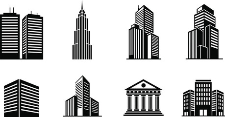 Collection of city building icons including skyscrapers offices bank and apartments, urban skyline architecture vector illustration isolated on white background © MdAjijul
