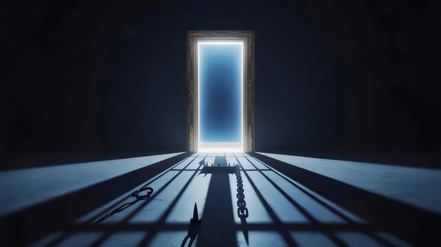 Glowing doorway with ominous barred shadow &ndash; Ideal for metaphoric storytelling, security concepts, or warning-themed visual content.