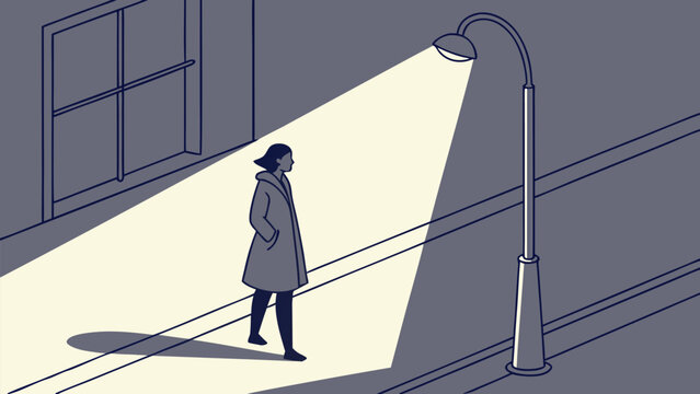 A woman stands alone under a streetlight on a gray urban street at night lost in thought