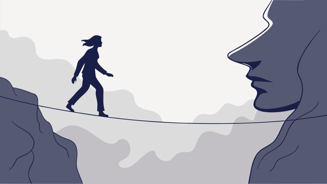 Person walking tightrope between cliffs with giant face symbolizing risk and mental challenge