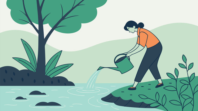 Woman watering plant growing into floating leaves on serene lake with green surroundings and hills