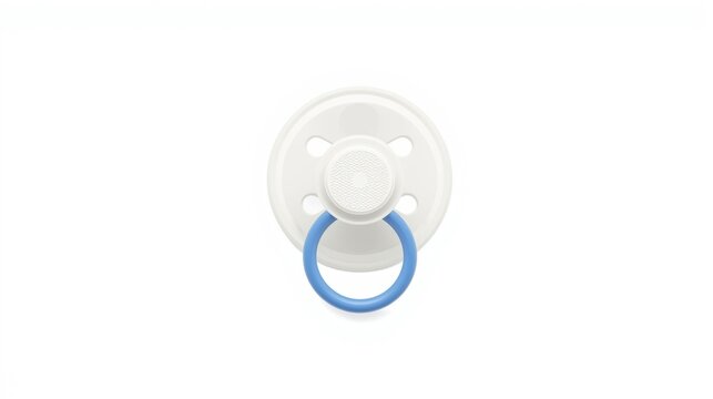 A minimalist white baby pacifier with a simple blue ring isolated on a clean white background. isolated on white background