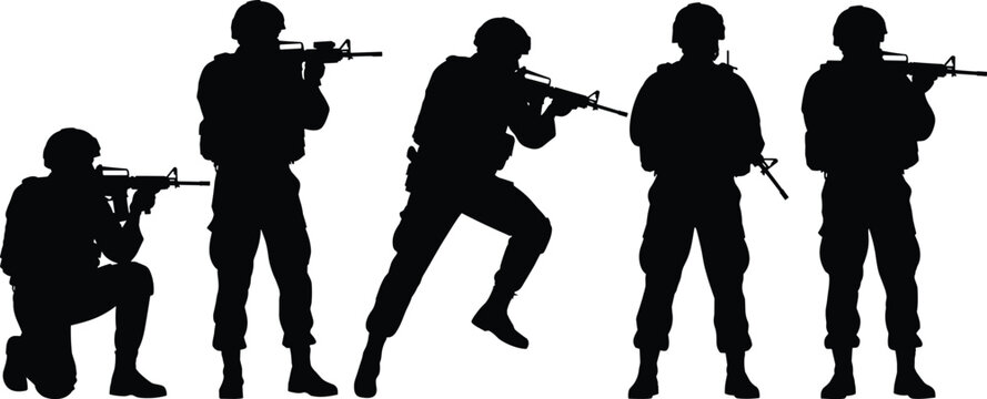 Military soldier silhouettes vector illustration set armed army personnel in combat poses isolated black design for defense security and warfare