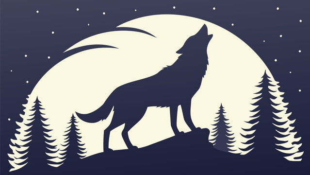 A wolf silhouette howls at a full moon with sound wave surrounded by pine trees under a starry night sky evoking wild freedom