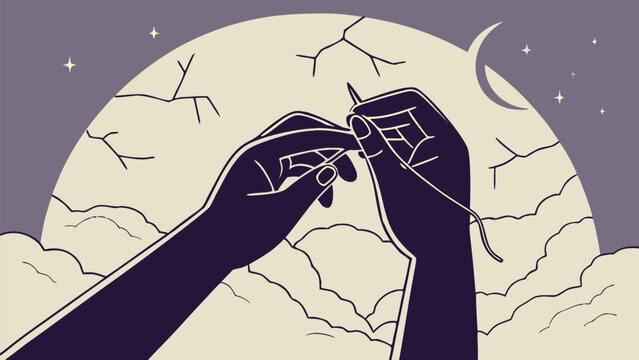 Hands stitching cracks in the sky with a needle and thread under a moonlit night