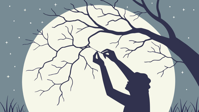 Silhouette of person repairing cracks in the sky with stitching under a full moon with stars conveying hope and environmental repair