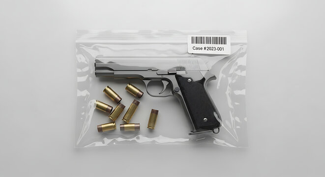 Disassembled black handgun with bullets in clear plastic evidence bag on white background