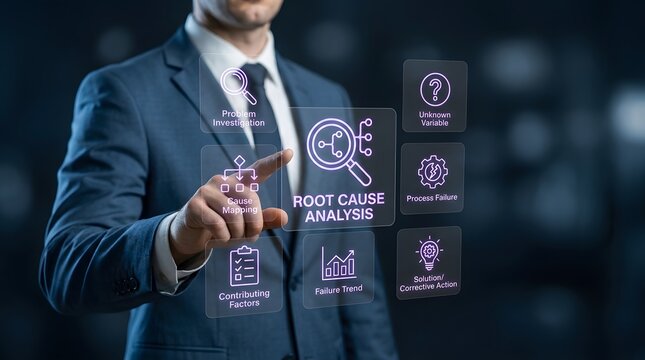 Confident businessman presenting interactive root cause analysis dashboard with holographic data visualization, ideal for corporate strategy, problem-solving, and technology marketing content.