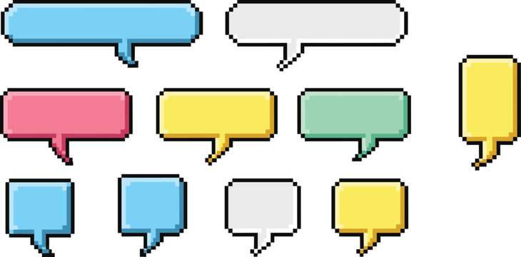 Collection of colorful pixel art speech bubbles and chat boxes in 8-bit retro gaming style featuring various rectangular shapes isolated on white background