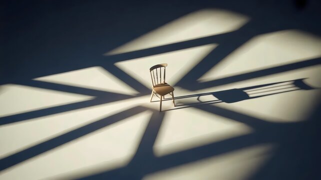 Wooden chair casting multiple conflicting shadows &ndash; Ideal for indecision, uncertainty, or psychological conflict themes.