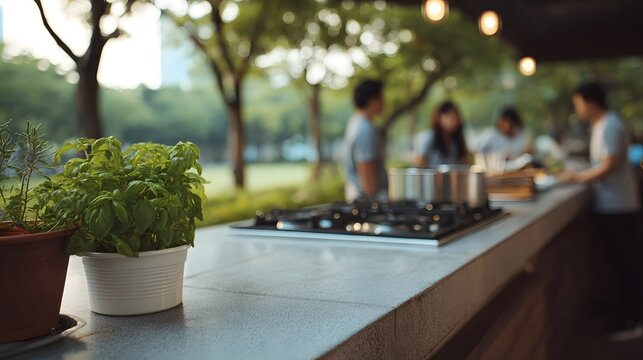 Outdoor kitchen gathering with people socializing among plants in a garden setting