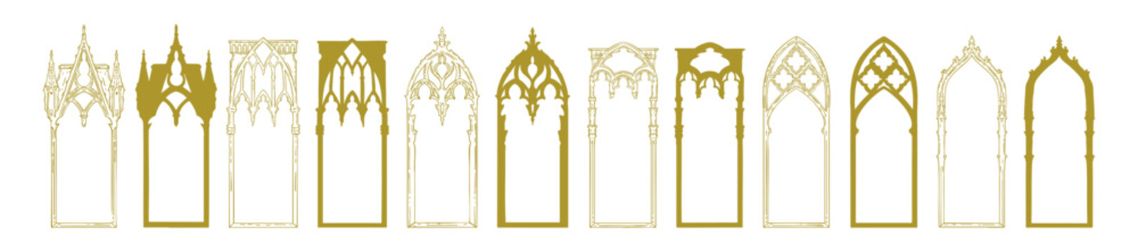 Gothic window frame set, hand drawn medieval arch border collection, cathedral portal silhouette. Fantasy vintage castle doorway, ancient palace ornamental doodle illustration. Gothic window design