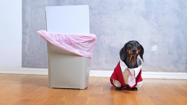 dachshund dog sits on a wooden floor next to a gray trash can with a pink bag and a discarded game console sticking out. A comical scene of pet gaming addiction, a sad farewell humor.