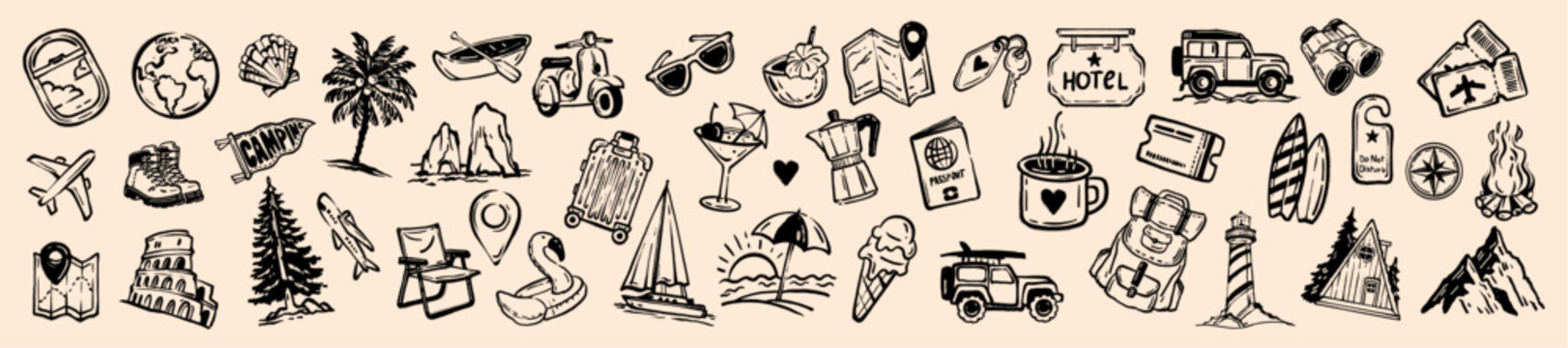 Summer travel doodle icon set, hand drawn holiday vacation illustration, weekend adventure print. Active recreation trekking logo, coastal beach rest, transport sign, camping badge. Travel doodle art