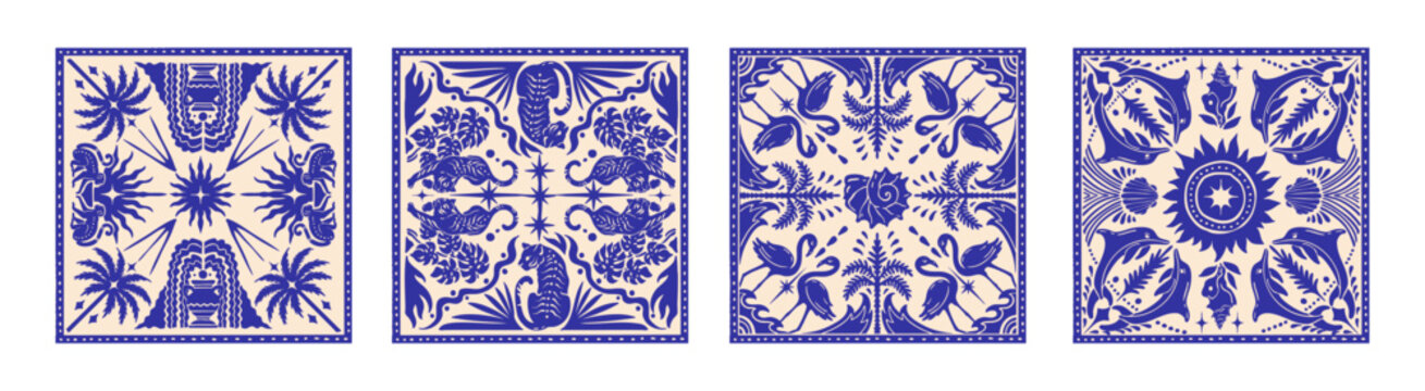 Summer bandana square print, hand drawn coastal tropical pattern tile blue vintage exotic fabric. Ornamental mosaic patchwork handkerchief design sun symbol. Abstract fashion summer bandana background