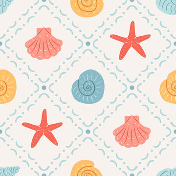 Coquette seamless pattern with hand drawn seashells and starfish. Beach shells. Coastal ocean cute print. Summer vacation background for textile, fabric, wrapping paper. Vector  illustration.