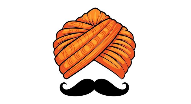 A vibrant orange turban illustration paired with a classic black handlebar mustache design. illustration