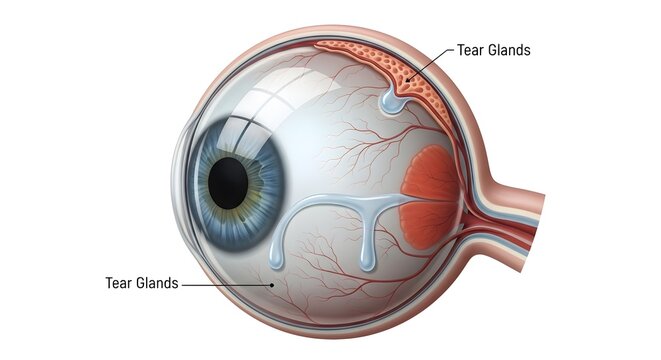 Sagittal anatomical illustration of the human eye highlighting multiple tear glands and flowing tears, demonstrating how lacrimal secretions spread across the ocular surface to lubricate, nourish and 